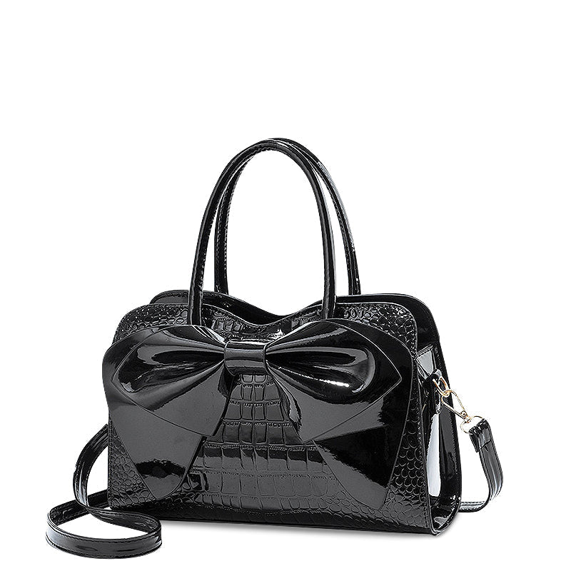 Women's Structured Handbag with Bow Detail and Crocodile-Embossed Finish – Elegant Satchel Bag with Detachable Shoulder Strap for Everyday Use, Parties and Evening Occasions