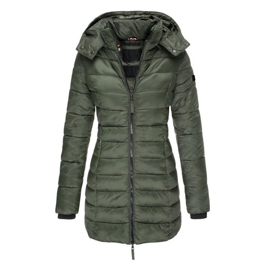 Women's Long Padded Winter Coat with Hood and Zipper - Warm Coat for Cold Days and Comfortable Everyday Wear