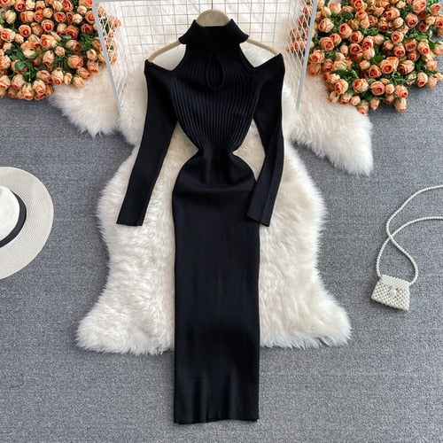 Women's knitted dress with cut-out shoulders – Slim knee-length style for fall occasions