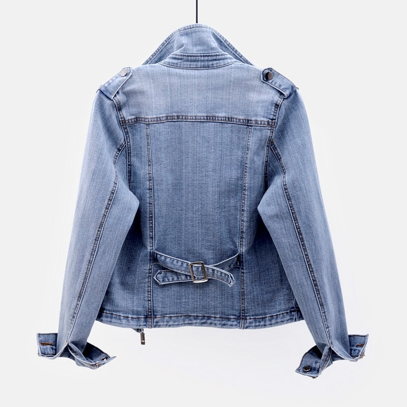 Chaqueta motera corta de denim para mujer con cremallera y cuello de solapa - Chaqueta moderna de inspiración motera para el día a día informal y un estilo urbano
