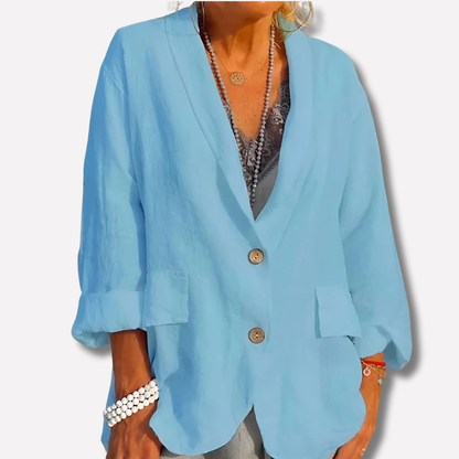Women's Relaxed Linen Blazer with Button Details - Lightweight Jacket for Everyday Wear, the Office, Leisure, and Smart Casual Style