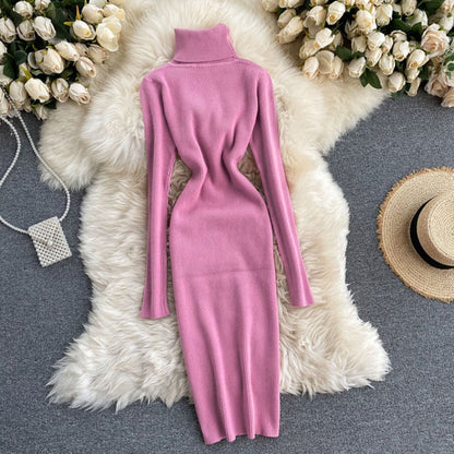 Dame Ribbet Strikket Bodycon Midikjole – Langærmet Rullekrave Stil Til Efterår Og Vinter