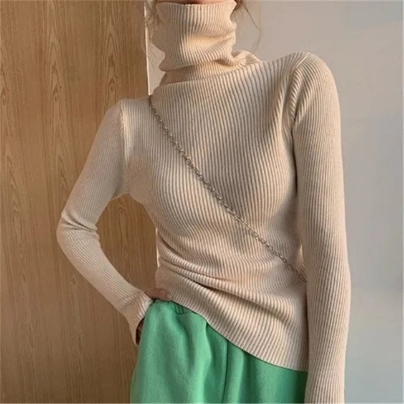 Jersey de cuello alto de punto acanalado para mujer, elástico y de corte entallado - Prenda suave de punto para otoño, invierno, el día a día y un estilo casual elegante