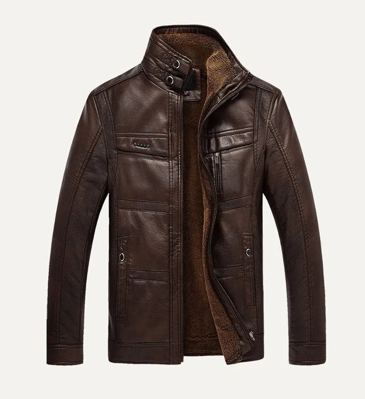 Chaqueta de cuero para hombre con forro polar y varios bolsillos - Chaqueta utilitaria cálida para otoño, invierno, uso diario y tiempo libre