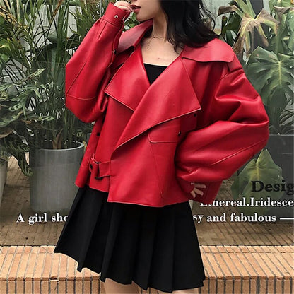 Dámská kožená bunda se širokým klopovým límcem – retro výrazná bunda ve stylu streetwear, na večer a ve stylu smart casual