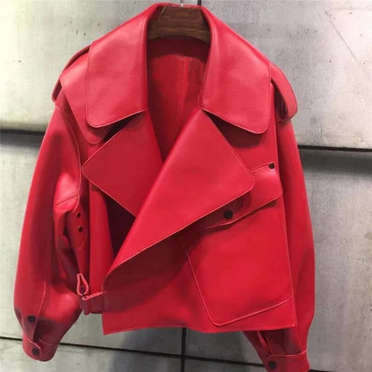 Dámská kožená bunda se širokým klopovým límcem – retro výrazná bunda ve stylu streetwear, na večer a ve stylu smart casual