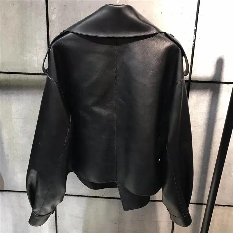 Dámská kožená bunda se širokým klopovým límcem – retro výrazná bunda ve stylu streetwear, na večer a ve stylu smart casual