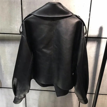 Dámská kožená bunda se širokým klopovým límcem – retro výrazná bunda ve stylu streetwear, na večer a ve stylu smart casual
