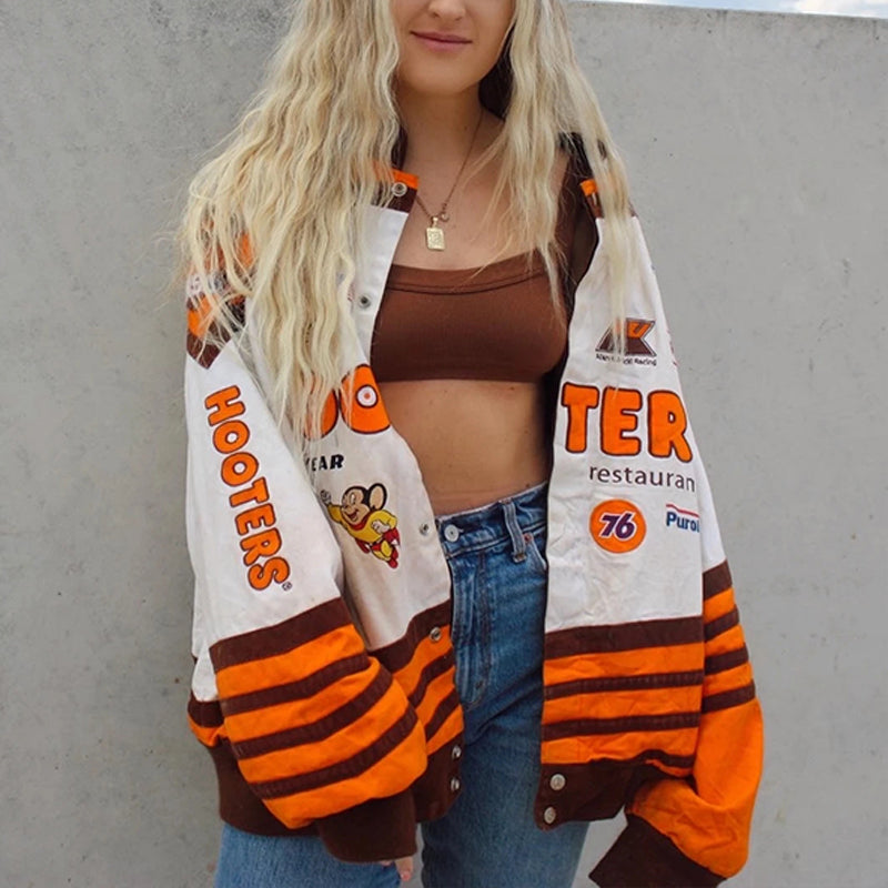 Dámská oversized bomber bunda s závodním potiskem - retro streetwear bunda pro každodenní nošení, volný čas a městský styl