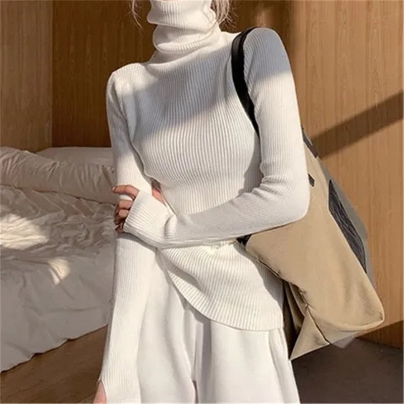 Jersey de cuello alto de punto acanalado para mujer, elástico y de corte entallado - Prenda suave de punto para otoño, invierno, el día a día y un estilo casual elegante