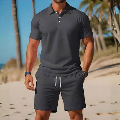 Herre Strikket Polo Og Shorts Co-Ord Sæt Til Hverdag Og Ferie