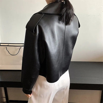 Dámská kožená bunda se širokým klopovým límcem – retro výrazná bunda ve stylu streetwear, na večer a ve stylu smart casual