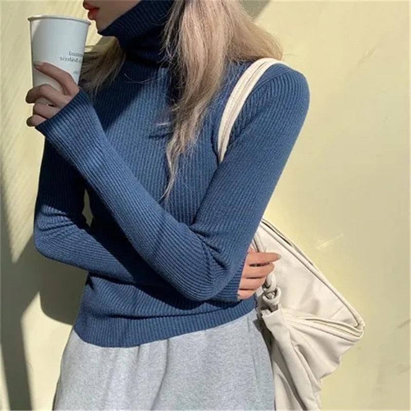 Jersey de cuello alto de punto acanalado para mujer, elástico y de corte entallado - Prenda suave de punto para otoño, invierno, el día a día y un estilo casual elegante