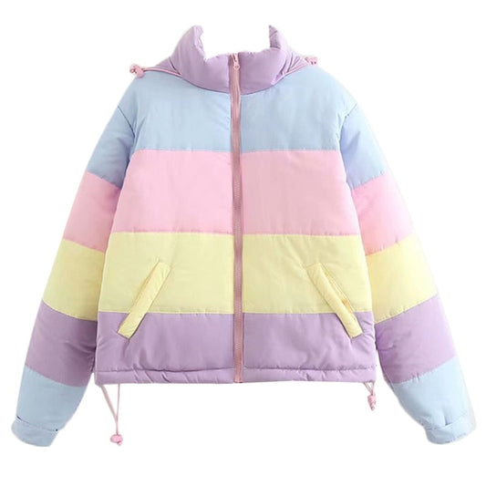 Women's Cropped Puffer Jacket with Hood and High Collar - Pastel Color-Block Design for Winter, Everyday Wear and Leisure