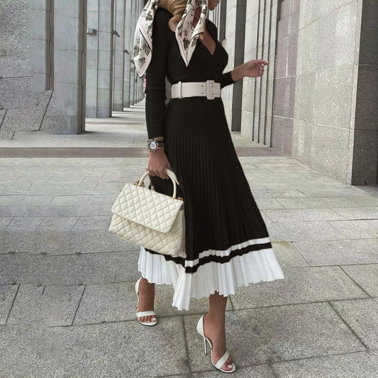 Women's ribbed knitted pleated midi dress – Belted V-neck style for the office and special occasions