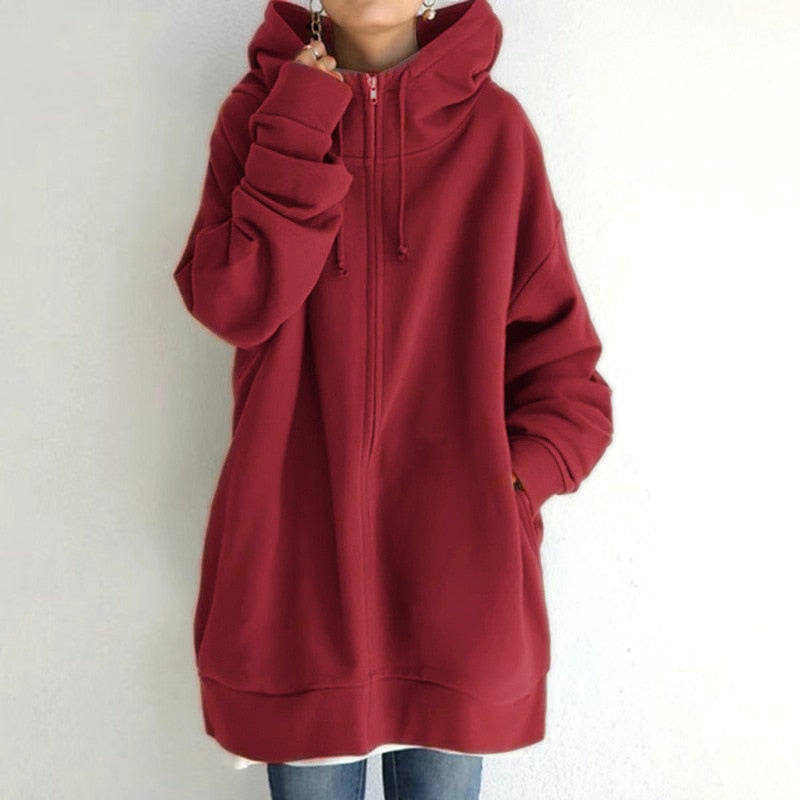 Dámská oversized mikina s kapucí a zipem - dlouhá a ležérní mikina na každodenní nošení, volný čas a v ležérním stylu