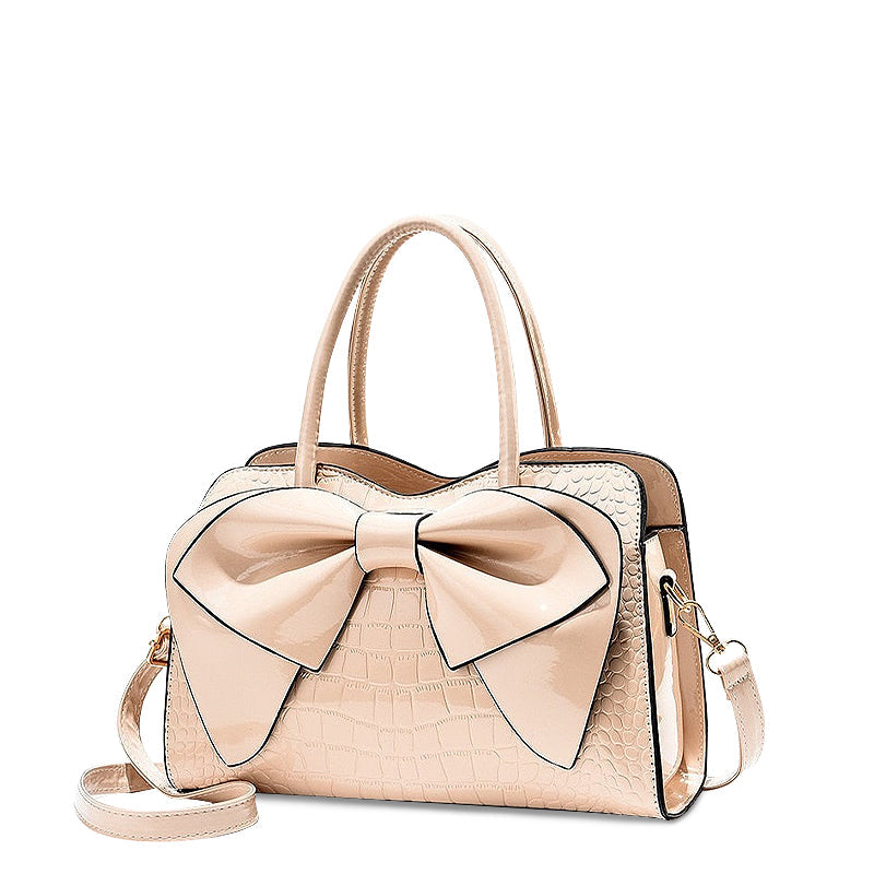 Women's Structured Handbag with Bow Detail and Crocodile-Embossed Finish – Elegant Satchel Bag with Detachable Shoulder Strap for Everyday Use, Parties and Evening Occasions