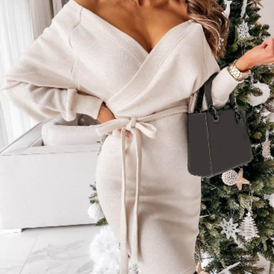 Women's Knit Wrap Sweater Dress – Belted Mini Style for Autumn and Winter