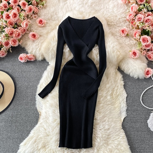 Women's Ribbed Knit Maxi Dress – Long-Sleeved Wrap Bodycon Style for Evening Wear