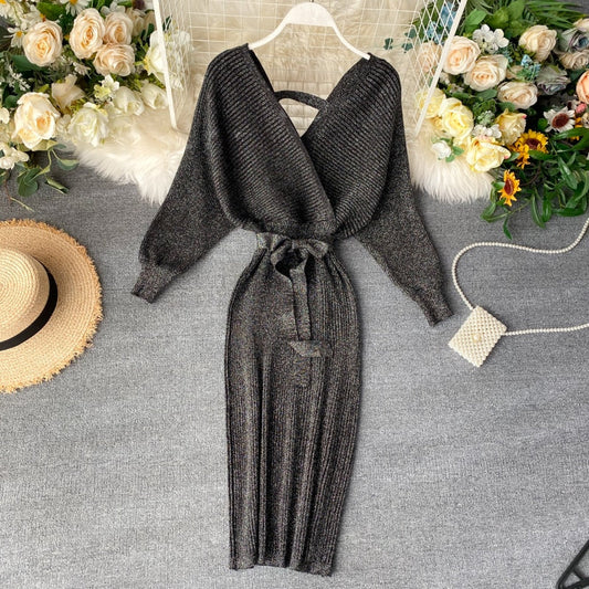 Women's Knit Wrap Midi Dress – Belted Batwing-Sleeve Style for Autumn and Winter