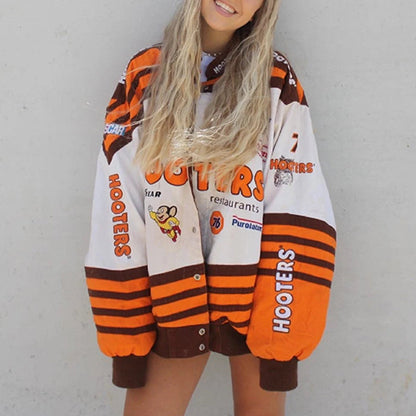 Dámská oversized bomber bunda s závodním potiskem - retro streetwear bunda pro každodenní nošení, volný čas a městský styl