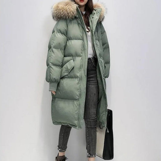 Women's Long Hooded Puffer Parka with Faux-Fur Trim - Insulated Winter Coat with Ribbed Cuffs and Utility Pockets for Cold Days, Everyday Wear, and Outdoor Activities