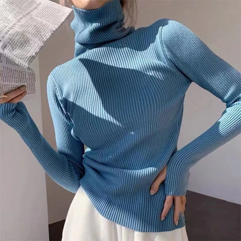 Jersey de cuello alto de punto acanalado para mujer, elástico y de corte entallado - Prenda suave de punto para otoño, invierno, el día a día y un estilo casual elegante