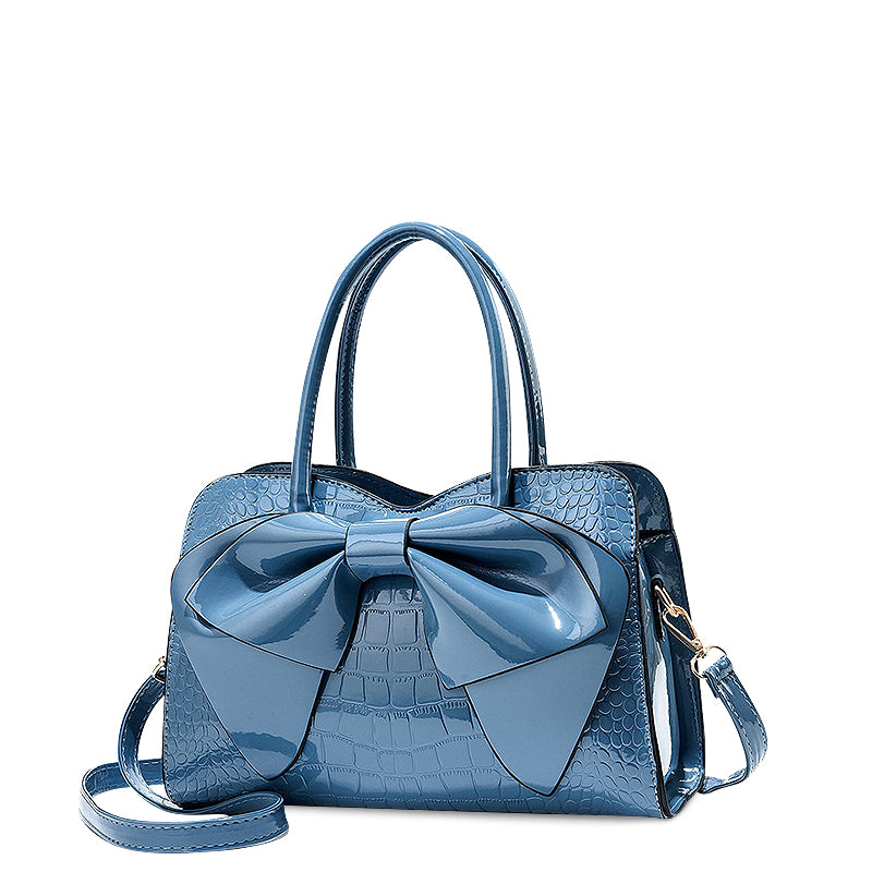 Women's Structured Handbag with Bow Detail and Crocodile-Embossed Finish – Elegant Satchel Bag with Detachable Shoulder Strap for Everyday Use, Parties and Evening Occasions