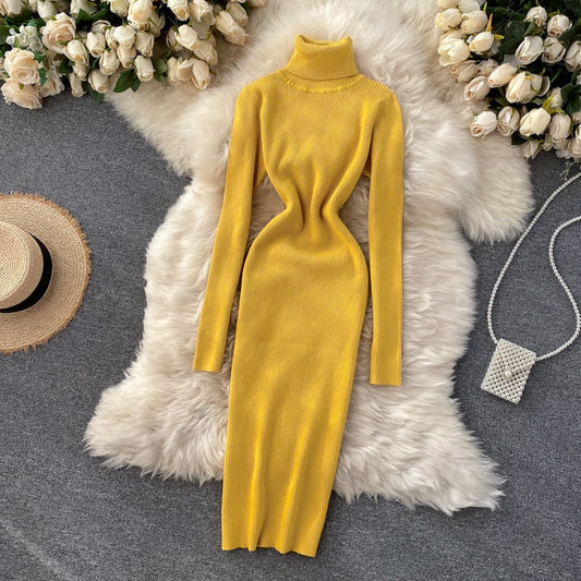 Women's ribbed knitted bodycon midi dress – Long-sleeved turtleneck style for fall and winter