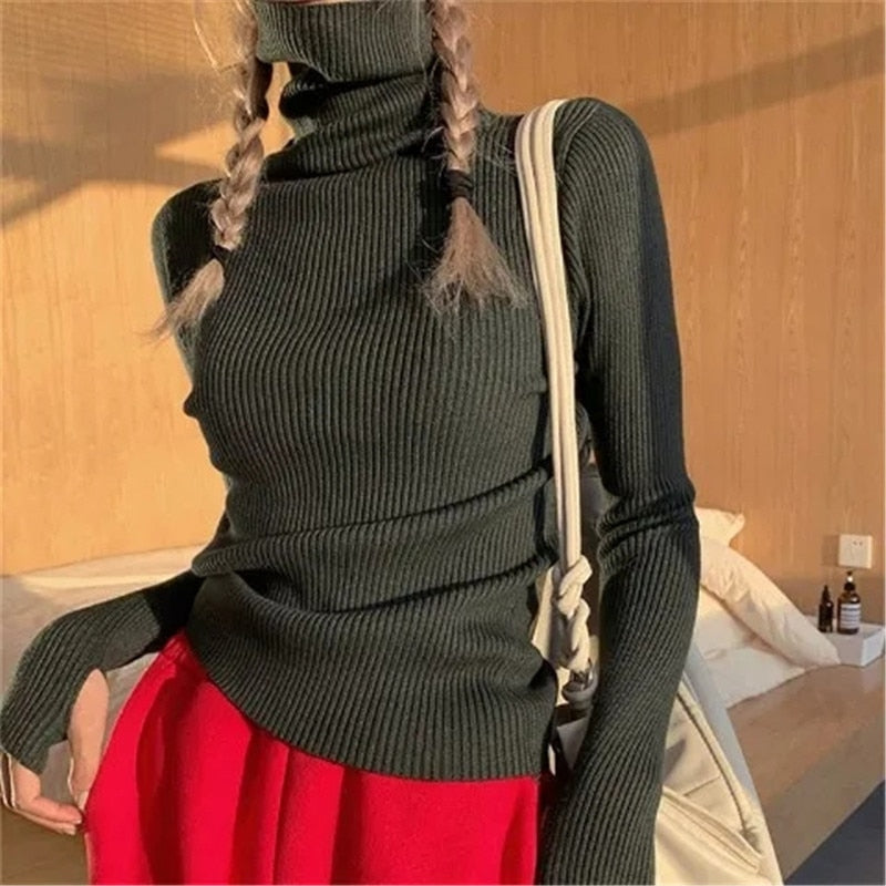 Jersey de cuello alto de punto acanalado para mujer, elástico y de corte entallado - Prenda suave de punto para otoño, invierno, el día a día y un estilo casual elegante