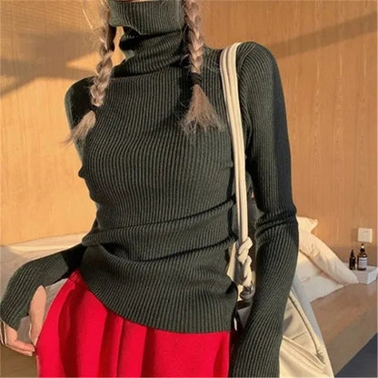 Jersey de cuello alto de punto acanalado para mujer, elástico y de corte entallado - Prenda suave de punto para otoño, invierno, el día a día y un estilo casual elegante