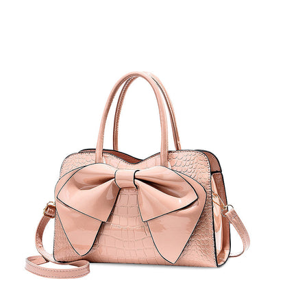 Women's Structured Handbag with Bow Detail and Crocodile-Embossed Finish – Elegant Satchel Bag with Detachable Shoulder Strap for Everyday Use, Parties and Evening Occasions
