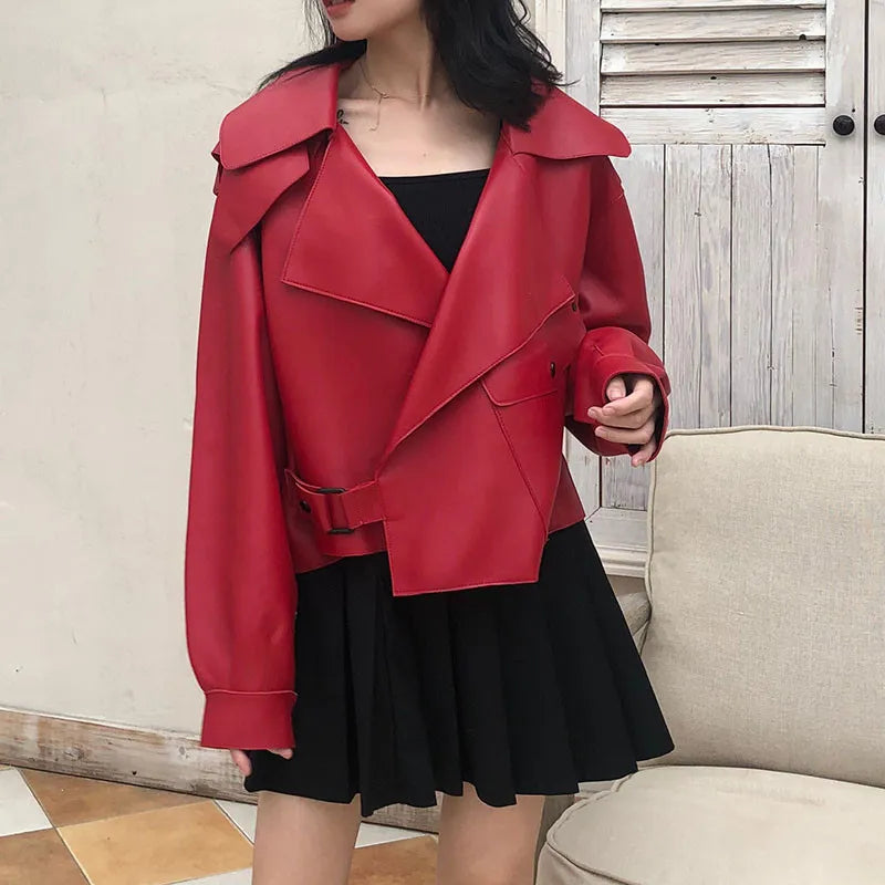 Dámská kožená bunda se širokým klopovým límcem – retro výrazná bunda ve stylu streetwear, na večer a ve stylu smart casual