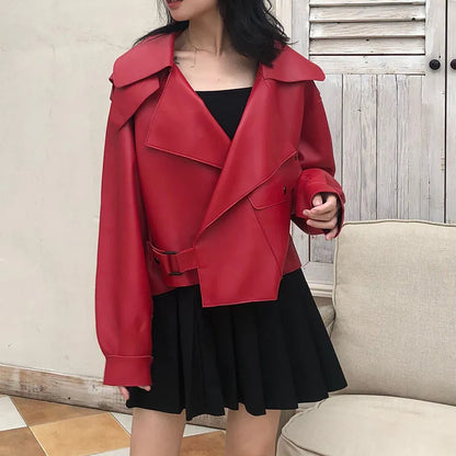 Dámská kožená bunda se širokým klopovým límcem – retro výrazná bunda ve stylu streetwear, na večer a ve stylu smart casual