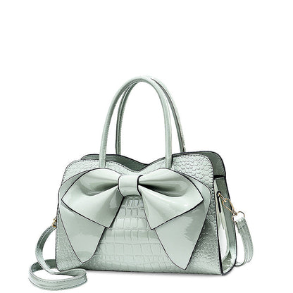 Women's Structured Handbag with Bow Detail and Crocodile-Embossed Finish – Elegant Satchel Bag with Detachable Shoulder Strap for Everyday Use, Parties and Evening Occasions