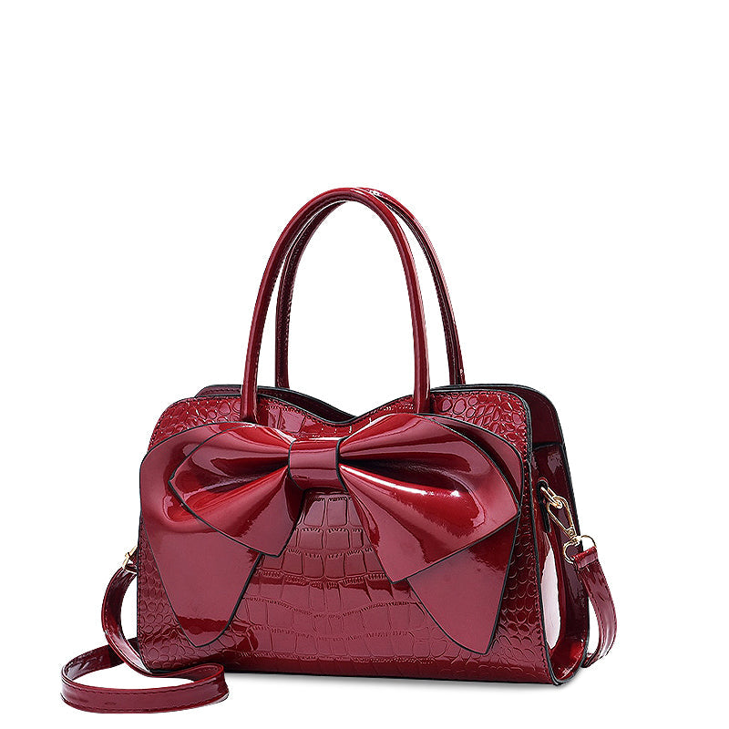 Women's Structured Handbag with Bow Detail and Crocodile-Embossed Finish – Elegant Satchel Bag with Detachable Shoulder Strap for Everyday Use, Parties and Evening Occasions