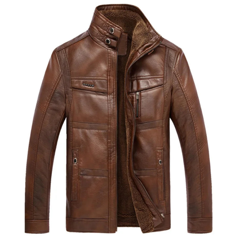 Chaqueta de cuero para hombre con forro polar y varios bolsillos - Chaqueta utilitaria cálida para otoño, invierno, uso diario y tiempo libre