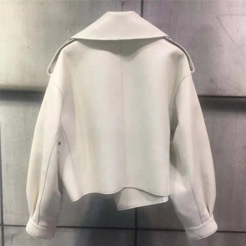 Dámská kožená bunda se širokým klopovým límcem – retro výrazná bunda ve stylu streetwear, na večer a ve stylu smart casual