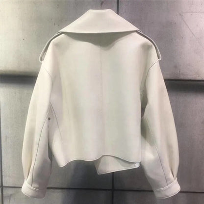 Dámská kožená bunda se širokým klopovým límcem – retro výrazná bunda ve stylu streetwear, na večer a ve stylu smart casual