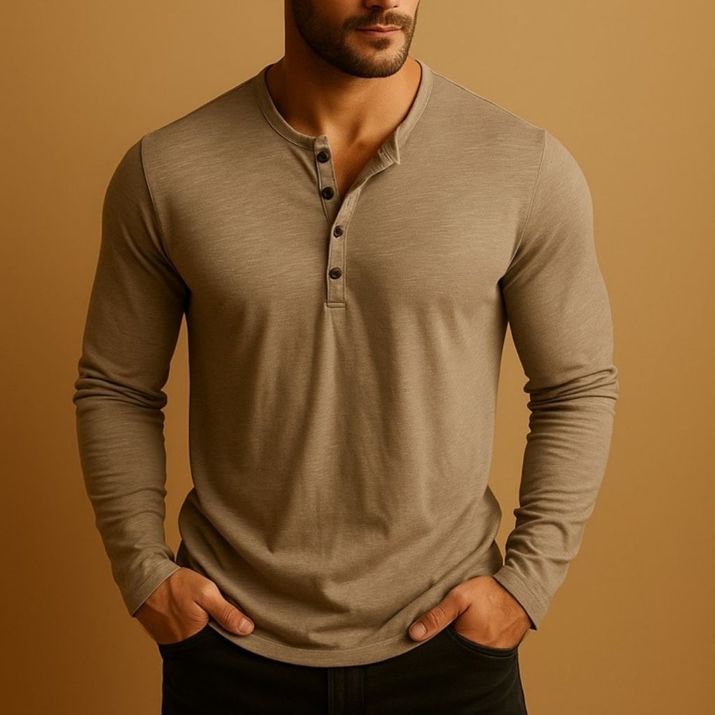 Herre Slim Fit Langærmet Henley-Skjorte til Afslappet Brug