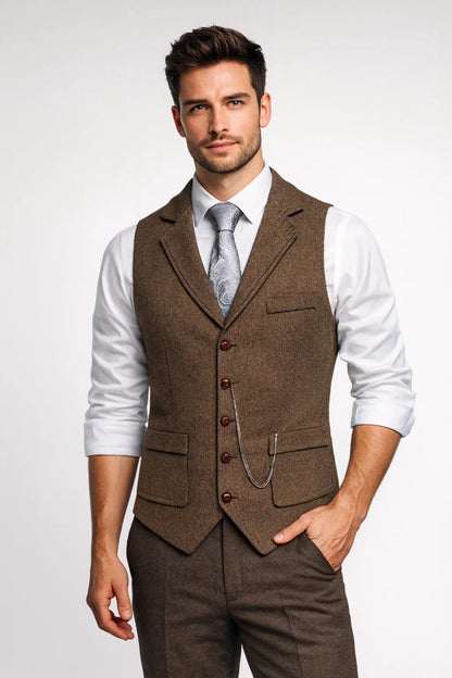 Men's Tailored Vest with Notched Collar and Chain Detail – Elegant Vest for Business, Parties, Weddings, and Formal Occasions