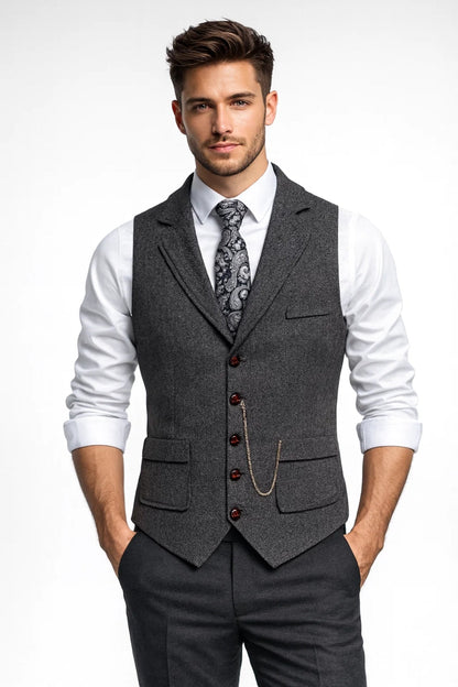 Men's Tailored Vest with Notched Collar and Chain Detail – Elegant Vest for Business, Parties, Weddings, and Formal Occasions
