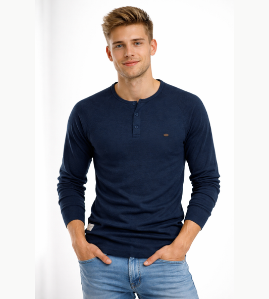 Herre Langærmet Henley-skjorte Med Knaplukning Ved Halsen – Afslappet Skjorte Til Hverdagsbrug, Fritid, Ferie Og Smart Casual Stil