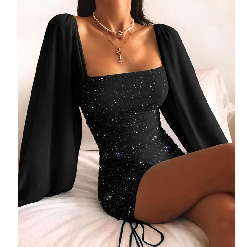 Women's Sparkly Mini Dress with a Square Neck and Draped Long Sleeves – Figure-Hugging Party Dress for Parties and Elegant Evening Events