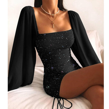 Women's Sparkly Mini Dress with a Square Neck and Draped Long Sleeves – Figure-Hugging Party Dress for Parties and Elegant Evening Events