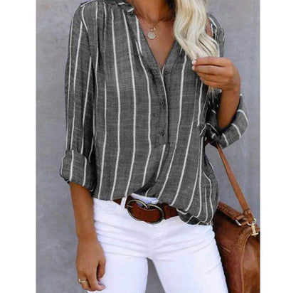 Women's Patterned Blouse with V-Neck, Button Closure, and Roll-Up Sleeves – Relaxed Top for Everyday Wear, Holidays, and Smart-Casual Style