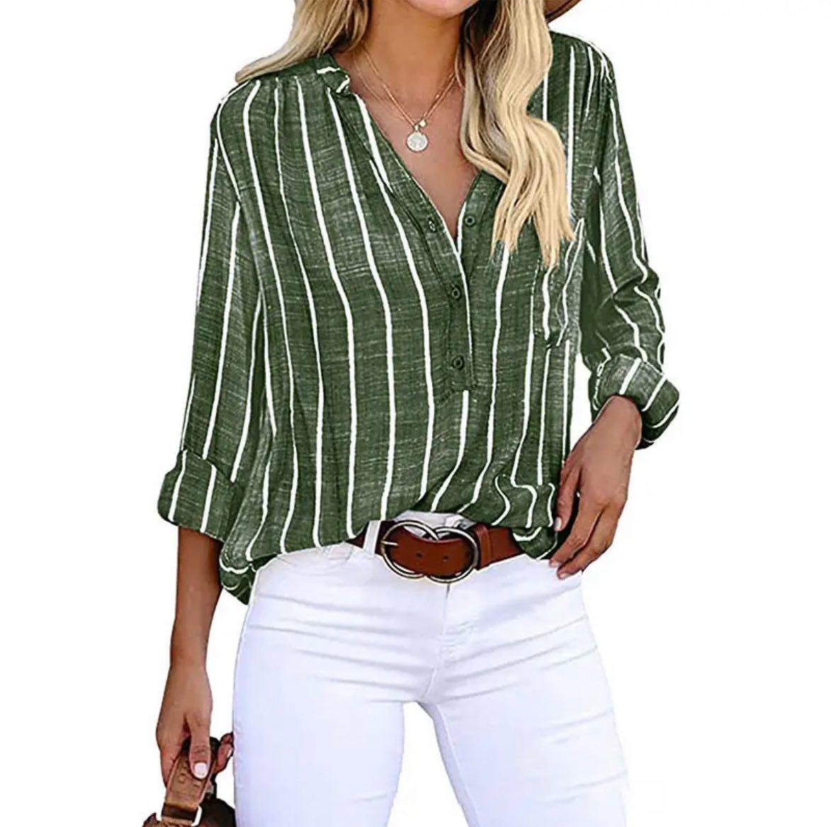 Women's Patterned Blouse with V-Neck, Button Closure, and Roll-Up Sleeves – Relaxed Top for Everyday Wear, Holidays, and Smart-Casual Style