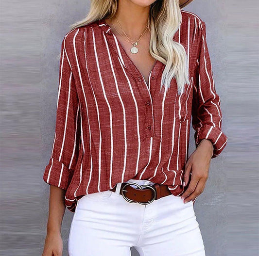 Bluză de damă cu model, decolteu în V, închidere cu nasturi și mâneci suflecate – top casual pentru ținute de zi cu zi, vacanțe și stil smart casual