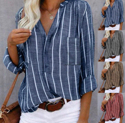 Women's Patterned Blouse with V-Neck, Button Closure, and Roll-Up Sleeves – Relaxed Top for Everyday Wear, Holidays, and Smart-Casual Style