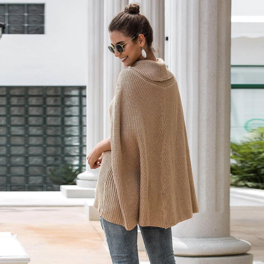 Women's Turtleneck Knit Poncho - Relaxed Cape-Style Sweater for Cool Days, Everyday Wear and Layering